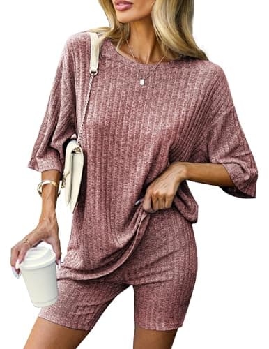 Ekouaer Pajamas 2 Piece Lounge Sets Ribbed Knit Matching Outfits T-Shirt Biker Shorts Sleepwear Loungewear Sweatsuits Burgundy Large