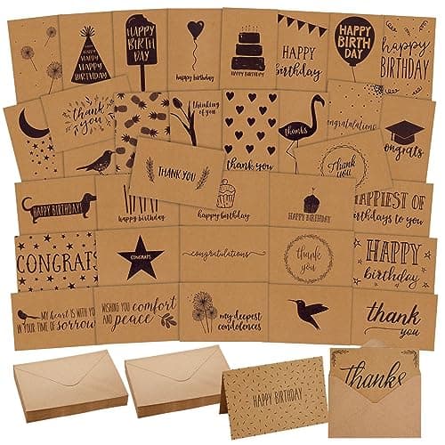 36 Pack Assorted All Occasion Cards with Envelopes in 36 Unique Designs for Birthdays, Congratulations, Sympathy, Thank You (Kraft Paper, 4x6 In)