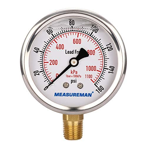 MEASUREMAN Manomètre sans plomb, taille de cadran 2-1/2", rempli de glycérine, 0-160psi/kpa, boîtier en acier inoxydable, support inférieur 1/4" NPT