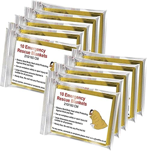 BRAMBLE Foil Thermal Blanket Large Size 10 Pack 83" x 63" Inch, Heat Reflective Space Mylar Blanket for Camping, Outdoor, Survival Kit