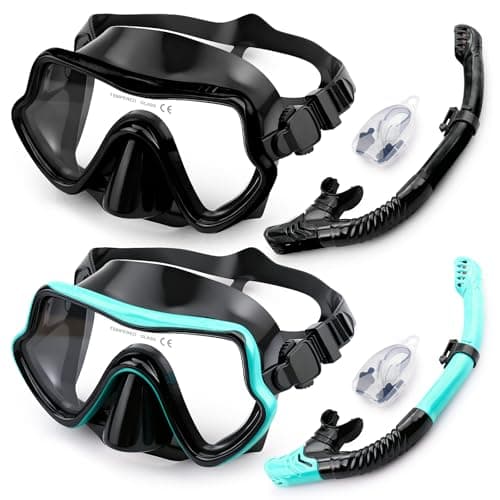 MOGS Dry Top Snorkel Set Adulte, Équipement de plongée en apnée pour adultes avec verre trempé anti-fuite et anti-buée, Ensemble de masques de plongée panoramiques à vue large à 180°...
