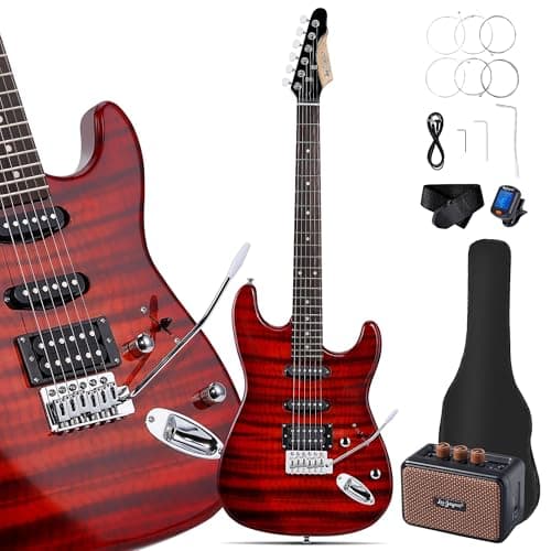 Leo Jaymz 39 Inch Full Size Electric Guitar Kit Electric Guitar Beginner Kits - Amplifier, Tuner, Gig bag (Red Flame 5W)