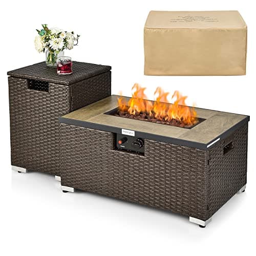Tangkula 2 Piece Outdoor Propane Fire Pit Table Set with Hideaway Propane Tank Holder, 40,000 BTU Rattan Wicker Fire Pit Table with Lava Rocks,...