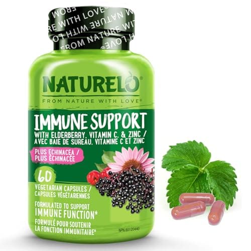 NATURELO Immune Support – Vitamine C, Sureau, Zinc, Échinacée – Renforcement de l'immunité naturelle avec défense antioxydante, végétale et minérale – 60 Capsules végétaliennes