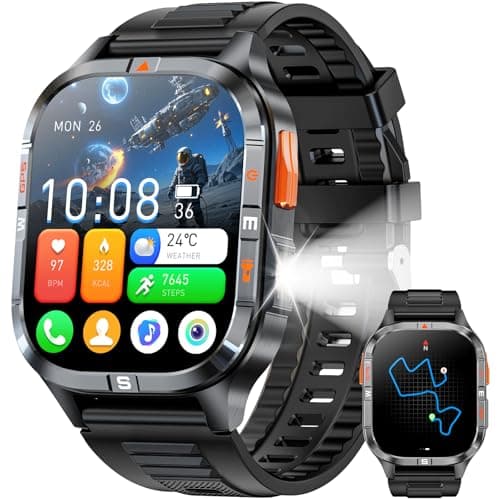 Military GPS Smart Watch for Men with Compass/Altitude/Flashlight，2.01" HD Screen smart Watch with Voice Assistant/Bluetooth Calling，Smartwatch for...