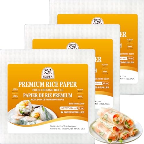 52USA Square Rice Paper, White Rice Paper Wraps, Non-GMO Certified, Gluten-Free, Perfect for Fresh Spring Rolls & Dumplings, 3 Packs, 340 Grams Each