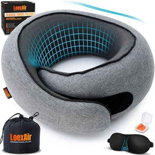 LoexAir™ Travel Pillow, Neck Pillow Travel for Airplane, Car - 100% Cotton Fabric & Memory Foam Plane Pillow, Lightweight & Easy-to-Carry on...