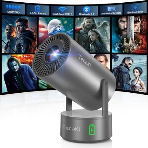 Tecaki Portable Outdoor Projector with Battery, 1080P Mini Projector with WiFi and Bluetooth, Auto Keystone, Electric Focus, 180° Rotation Movie...