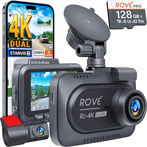 ROVE R2-4K DUAL Dash Cam avant et arrière, capteur STARVIS 2, carte 128 Go GRATUITE incluse, WiFi 5G - jusqu'à 20 Mo/s D...