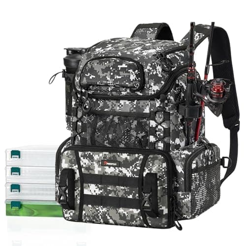 Piscifun Fishing Tackle Backpack with 4 Tackle Boxes, Rod Holders, Waterproof Rain Cover, Large Storage Waterproof Bag for Gear, Digital Camouflage