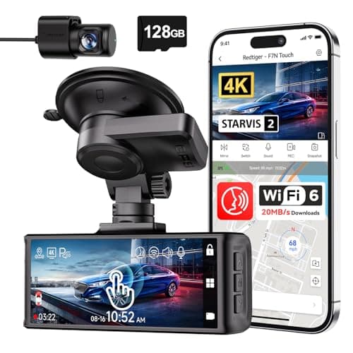 REDTIGER 4K Dash Cam avant et arrière, capteur STARVIS 2, écran tactile 3,18", commande vocale, 20 Mo/s 5,8 GHz WiFi 6 Car DashCam avec carte 128 Go, GPS,...