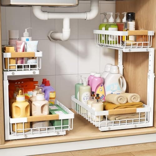 PXRACK Lot de 2 organisateurs sous l'évier, hauteur réglable, organisateur coulissant sous l'armoire à 2 niveaux, rangement coulissant en métal épais sous l'évier pour...