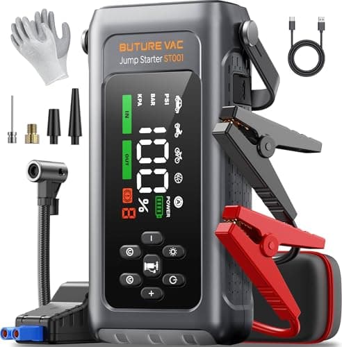 Démarreur de démarrage de batterie de voiture 9-en-1 5000A 150PSI avec compresseur d'air (tout gaz/9L diesel), pack de booster de batterie de voiture portable, voiture durable et sûre...
