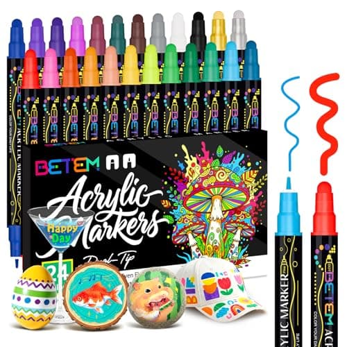 Marqueurs de peinture acrylique Betem 24 couleurs à double pointe, marqueurs de peinture acrylique à base d'eau de qualité supérieure pour tissu, roche, bois...