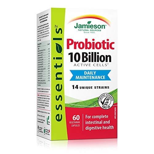 Jamieson Probiotique 10 milliards d'UFC, 60 capsules végétariennes, entretien quotidien, santé intestinale et digestive. 14 souches uniques pour améliorer les microbes...