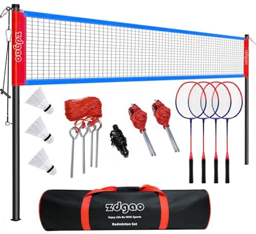 Zdgao Badminton Set for Backyard with Net | Portable Outdoor Badminton Net with Winch System, 4 Badmitton Rackets, 3 Nylon Shuttlecocks, Boundary...