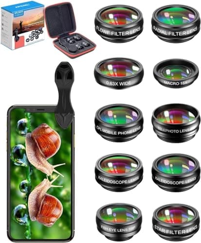 MIAO LAB Kit d'objectif d'appareil photo pour téléphone portable 10 en 1, objectif grand angle et objectif macro + objectif Fisheye + téléobjectif + filtre CPL/débit/radial/étoile + kaléidoscope 3/6...
