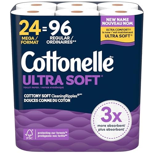 Cottonelle Toilet Paper, 24 Mega Rolls = 96 Regular Rolls, Ultra Soft (Formerly Ultra Comfort), Soft Bathroom Tissue, 244 Sheets per Roll,...