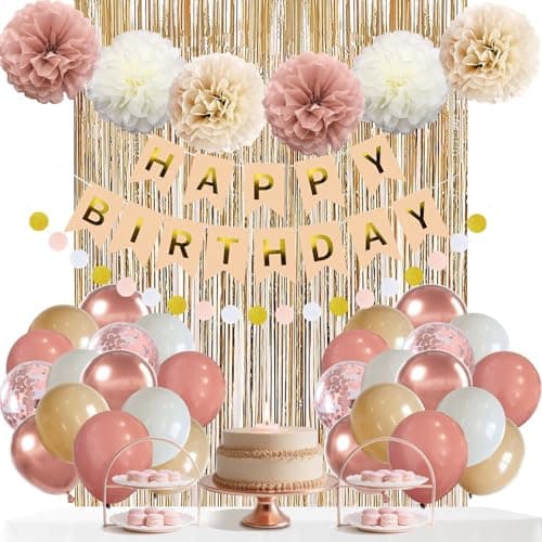 Décorations de fête d'anniversaire rétro rose beige Décorations de joyeux anniversaire Boho Bannière Blush Nude Ivoire Ballon Papier Pom Poms Guirlande Décor Fournitures...