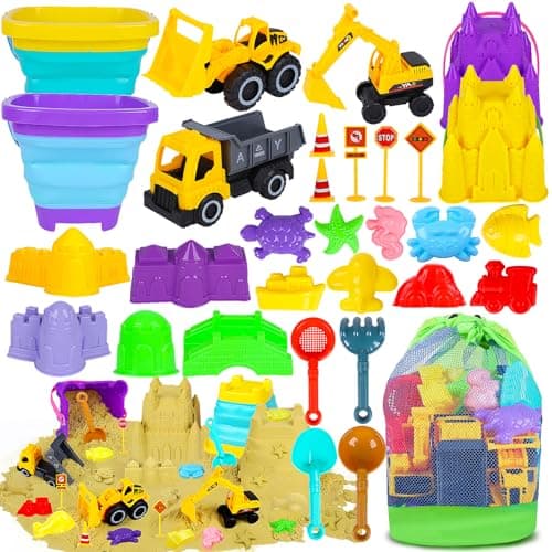 Beach Sand Toys for Kids - 31Pcs Sandbox Toy Set with 3 Trucks, 2 Collapsible Buckets, 2 Castle Buckets, Sand Molds, Shovels & Mesh Bag, Travel...