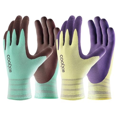 COOLJOB 2 paires de gants de travail de jardinage pour hommes et femmes, base respirante enduite de caoutchouc antidérapant, pour jardinier de pelouse, de patio, durables, lavables et...