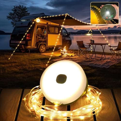 YUNJAYI Retractable Camping String Lights, 33FT 3000mAh Rechargeable 4 in 1 Camp Lights String with 9 Lighting Modes, Outdoor String Lights...
