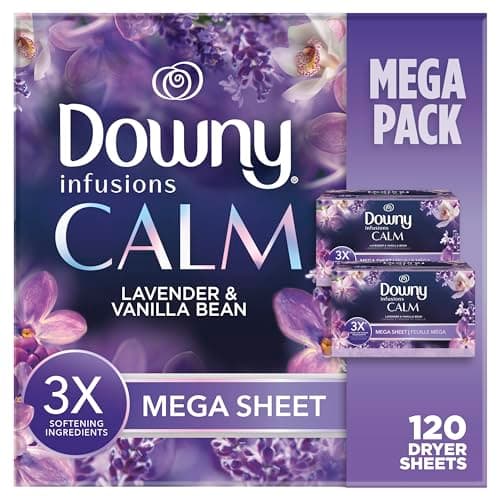 Downy Infusions Mega Feuilles de séchage, assouplissant pour linge, CALM, lavande et gousse de vanille, 120 unités