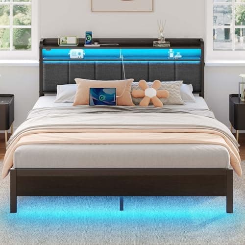 Rolanstar King Size Bed Frame with Charging Station and LED Lights, Upholstered Headboard with Storage Shelves, Heavy Duty Metal Slats, No Box...