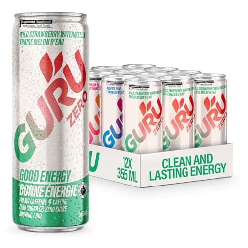 GURU ZERO SUGAR Organic Energy Drinks Variety Pack, Clean Energy Drink with Plant Based Natural Caffeine from Green Tea, Coconut Water, Zero Added...