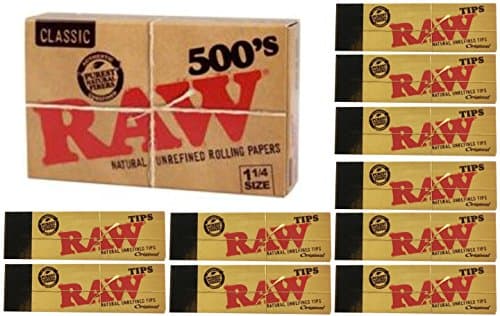 Raw 1 1/4 Classic Rolling Papers and Tips Bundle - 500 Papers & 500 Tips