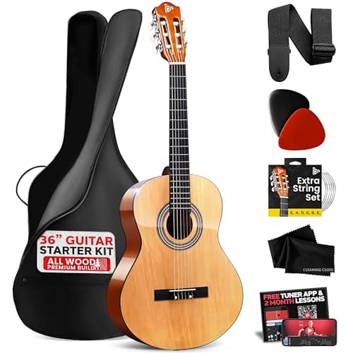 Guitare acoustique classique PYLE pour débutant de 36 pouces - Guitare traditionnelle junior en bois de tilleul à 6 cordes avec touche en bois, étui, accordeur, cordes en nylon,...