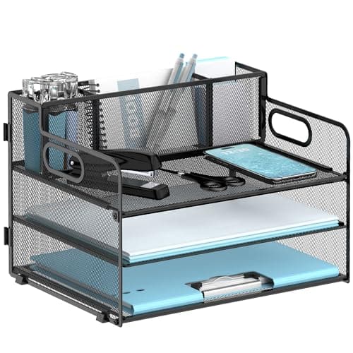 JMHUD 3-Tier Paper Letter Tray Organizer with Pen Holder, Mesh Desk Accessories & Workspace Organizers with Handle, File Sorter Office Supplies for...