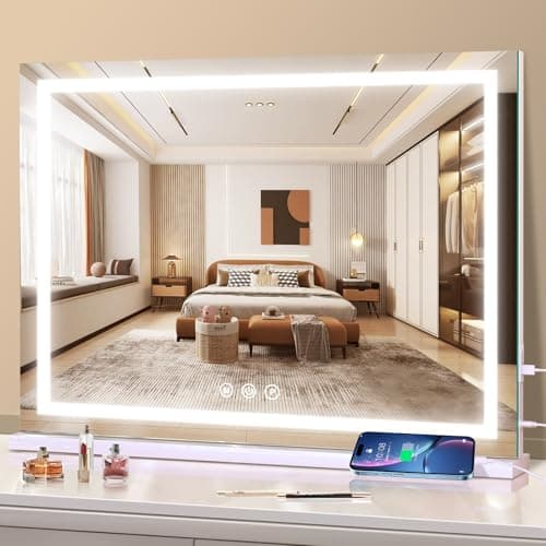 Miroir de courtoisie avec lumières, grand miroir de maquillage avec lumières LED, lumière 3 couleurs Smart Touch à intensité variable, fonction mémoire, port de chargement USB