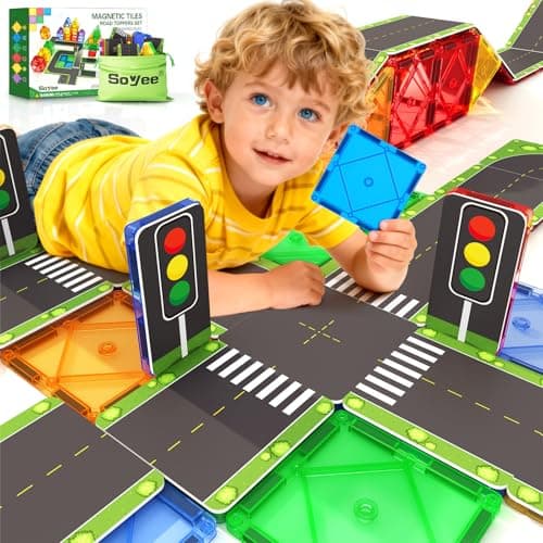 56PCS Carreaux Magnétiques Road Toppers Set Jouets de construction pour garçons et filles de 3 ans jouant avec des jouets de voiture Activités d'apprentissage préscolaire Cadeau pour 3 4...