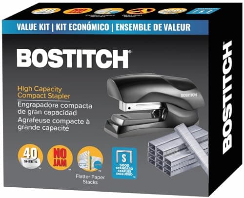 Agrafeuse Bostitch avec ensemble économique d'agrafes, agrafeuse debout robuste, noire, capacité de 40 feuilles avec 5 000 agrafes, petite taille d'agrafeuse, convient...