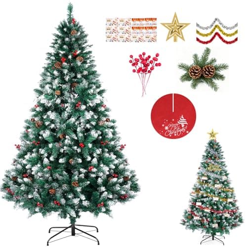 Artificial Christmas Tree, 6FT Holiday Xmas Tree 1400 Branch Tips, Upgraded Metal Base, Includes 6 Different Decorations