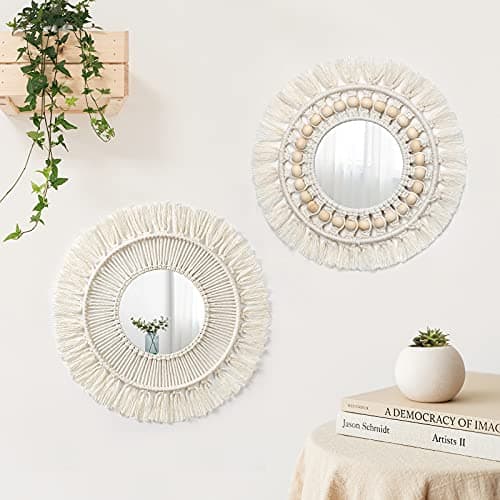 Dremisland Miroir mural suspendu - Miroir décoratif rond à franges en macramé Boho avec perles en bois, ornement artistique pour appartement, maison, chambre à coucher, salon - 2...