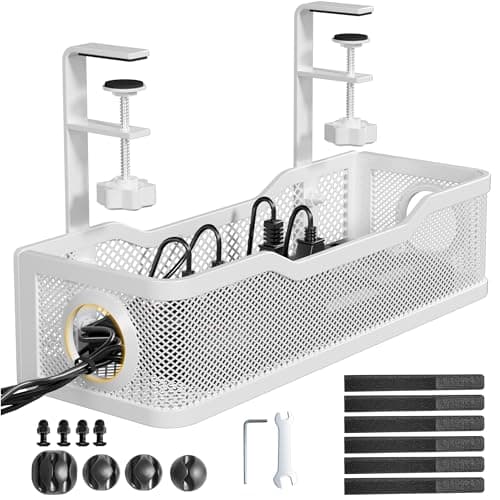 Under Desk Cable Management Tray White, Cinati Cable Management Under Desk No Drill, Cable Tray with Clamp for Desk Wire Management,Desk Cable...