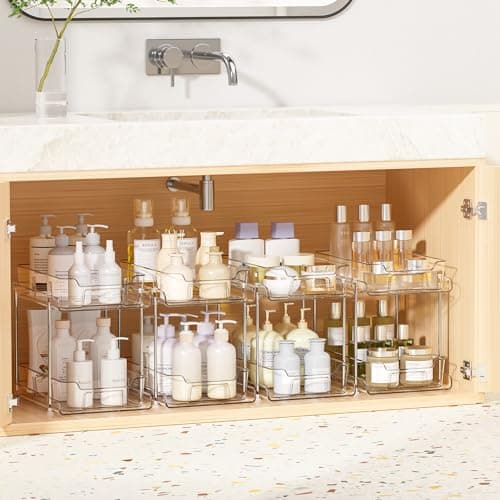 Vtopmart Lot de 4 organisateurs et rangements pour salle de bain sous évier à 2 niveaux, organisation transparente du garde-manger de cuisine, organisateur d'armoire à pharmacie extractible avec...