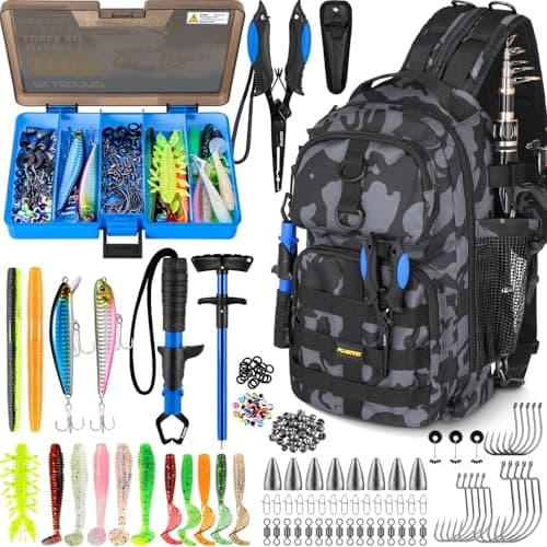 PLUSINNO Fishing Backpack with Tackle Boxes, Waterproof Sling Tackle Bag for Fishing Gear with Rod Holder, Gifts for Men with Lures.