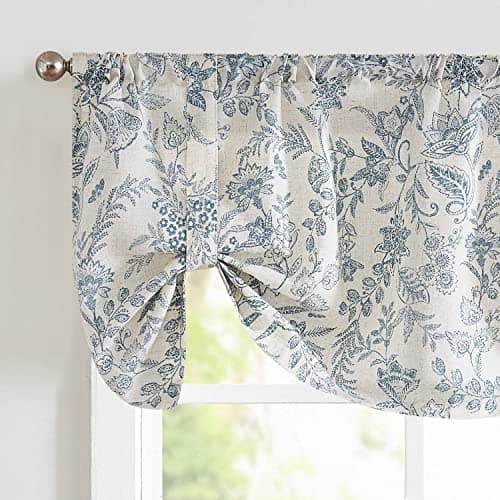 Lazzzy Kitchen Valance Curtain Linen Floral Farmhouse Tie Up Valance for Cafe Bathroom Bedroom Small Window Treatments Curtain 20 Inch Long Rod...