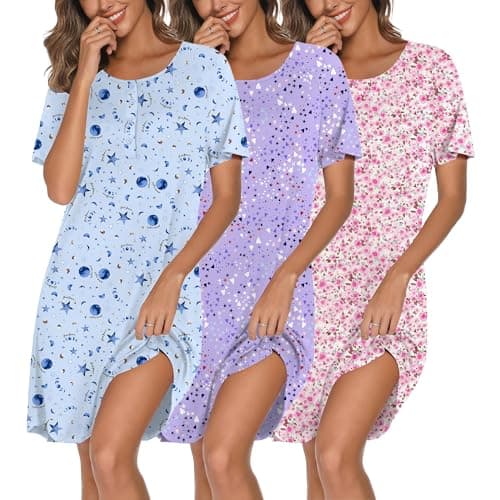 Ekouaer 3 Pack Womens Nightgown Short Sleeve Sleepshirt Button Down Nightshirt Soft Pajamas Dress Casual Sleepwear