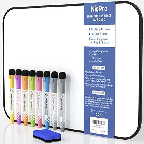 Nicpro Dry Erase Whiteboard A3, Magnetic Double Sided 12 x 16 White Board with Black Border, Including 8 Water-Based Pens and 1 Eraser for Kid...