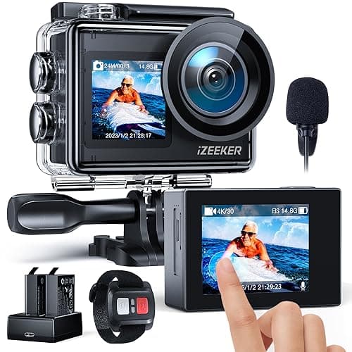 Caméra d'action iZEEKER iA200 4K 30FPS 24MP, caméra sous-marine étanche 40M, double écran, WiFi, EIS, caméra casque avec batteries 2x1350mAh,...