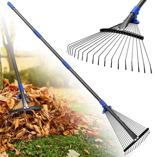 Garden Rake, 53" Long Adjustable Leaf Rake with Expandable Head from 9.5 to 17 inch,Collapsible Lawn Rakes with Adjustable Splicing Handle, Heavy...