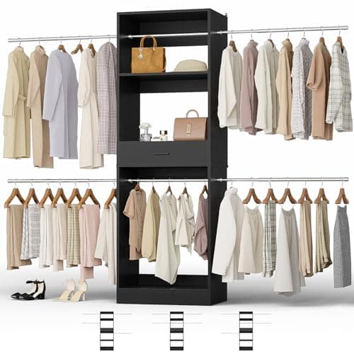 Closet System, Closet Organizer with Wooden Drawers, Closet Organizer System, Walk-in Closets Wardrobe Clothes Rack, Garment Rack, Black