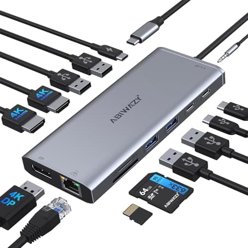 ABIWAZY USB C Docking Station Dual Monitor USB-C Hub Multiport 14 in 1 Dongle Adapter with 2HDMI Displayport 100W PD Ethernet 6 USB Port Mic/Audio...