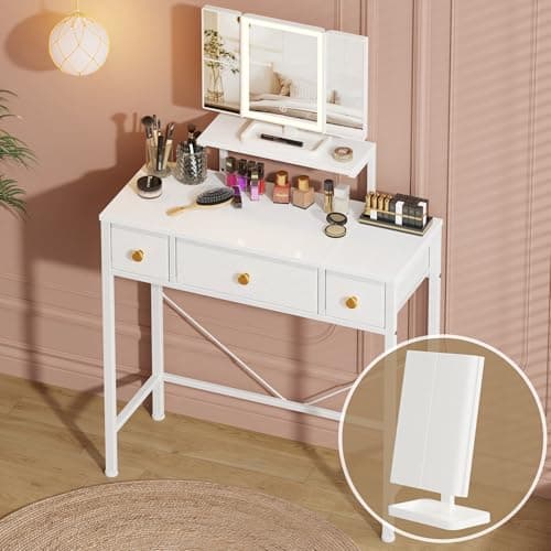 HIGDBFE Vanity Desk with Mirror & Lights and 3 Fabric Drawers, Makeup Vanity Table with Adjustable Stand, Dressing Vanity Table for Bedroom,...