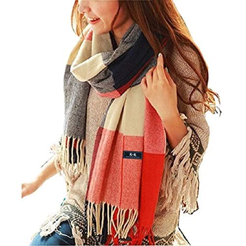 LADES Women Tartan Scarf - Winter Long Scarves Plaid Warm Wraps Wool British Style for Ladies Spinning Tassel Shawl Long Stole (Blue+red Tartan)