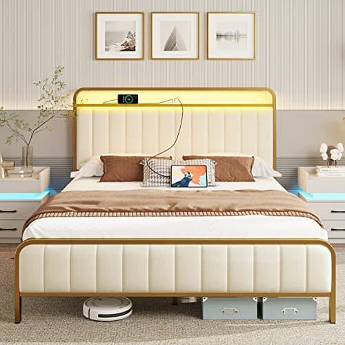 Rolanstar Bed Frame Full Size with Charging Station and LED Light, Upholstered Velvet Bed with Headboard Footboard, Heavy Duty Metal Slat, No Box...